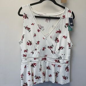 Lands' End White V-Neck Tank with Red Floral Print and Green Leaves